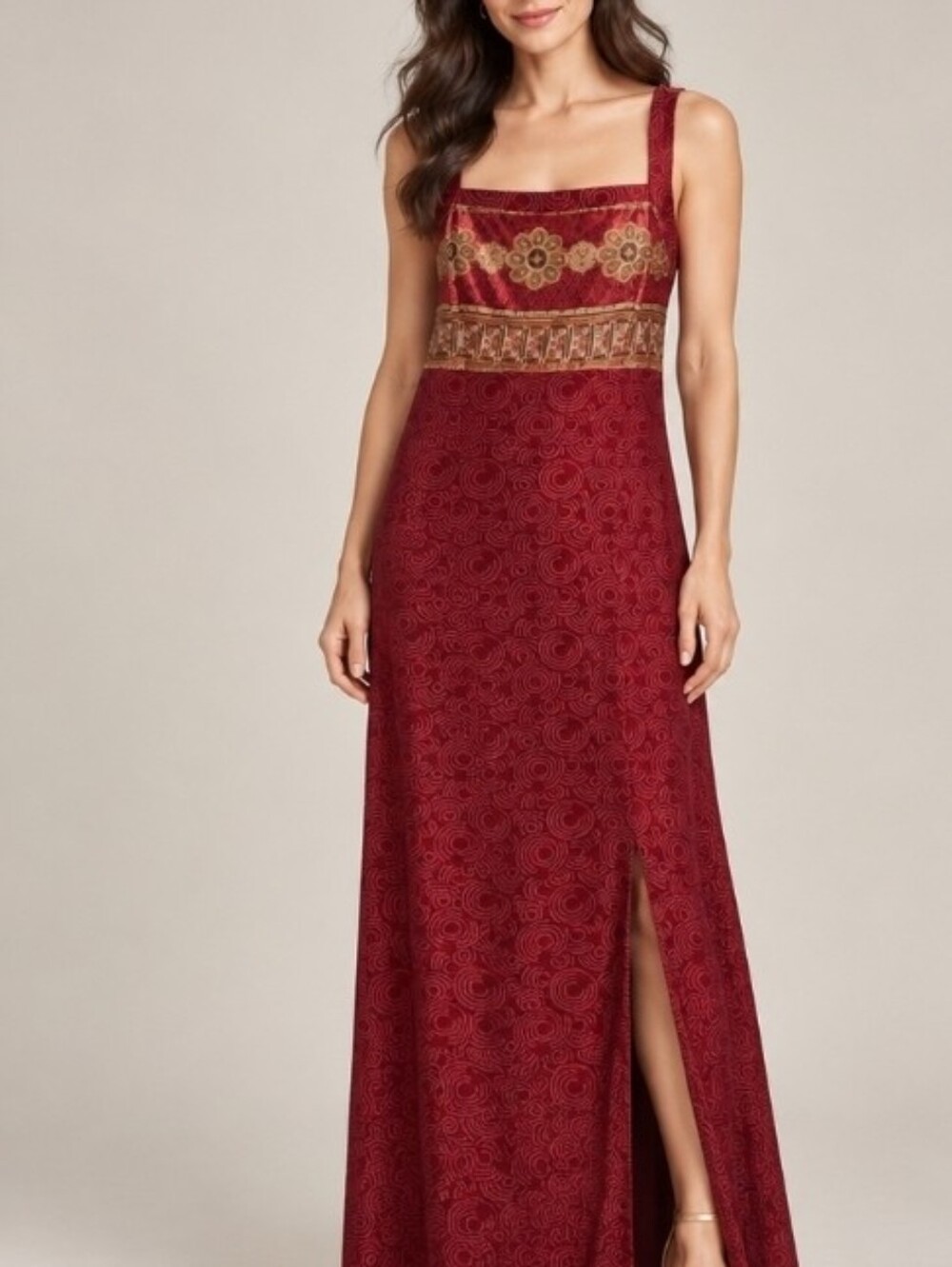 Vintage 90s CDC Caren Desiree Burgundy Jacquard Maxi Dress Crisscross Back Sz 10